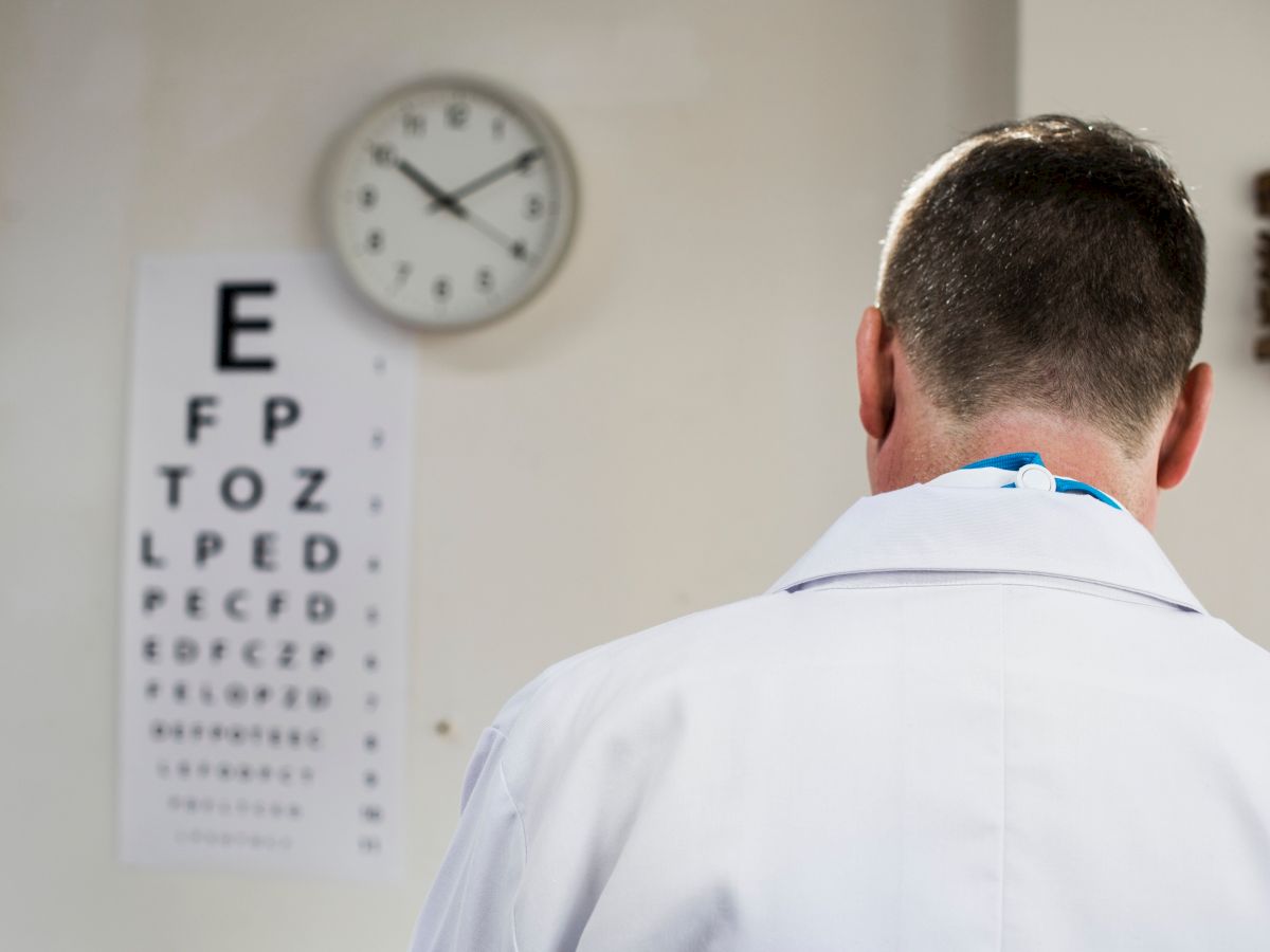 A person wearing a white coat stands with their back to the camera, facing an eye chart and a clock on the wall.