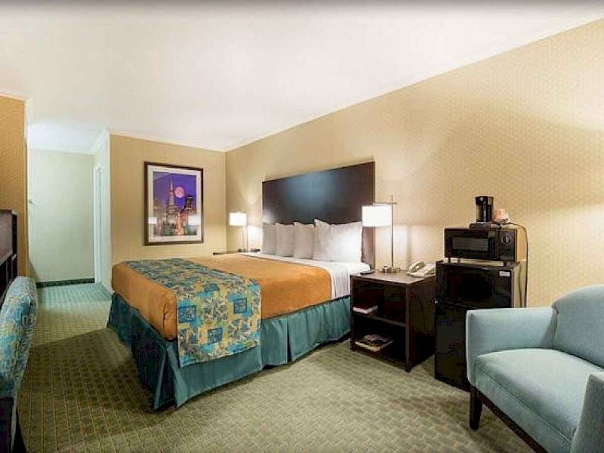 A hotel room with a double bed, armchair, two bedside lamps, a nightstand with a phone and coffee maker, and a microwave on a cabinet.